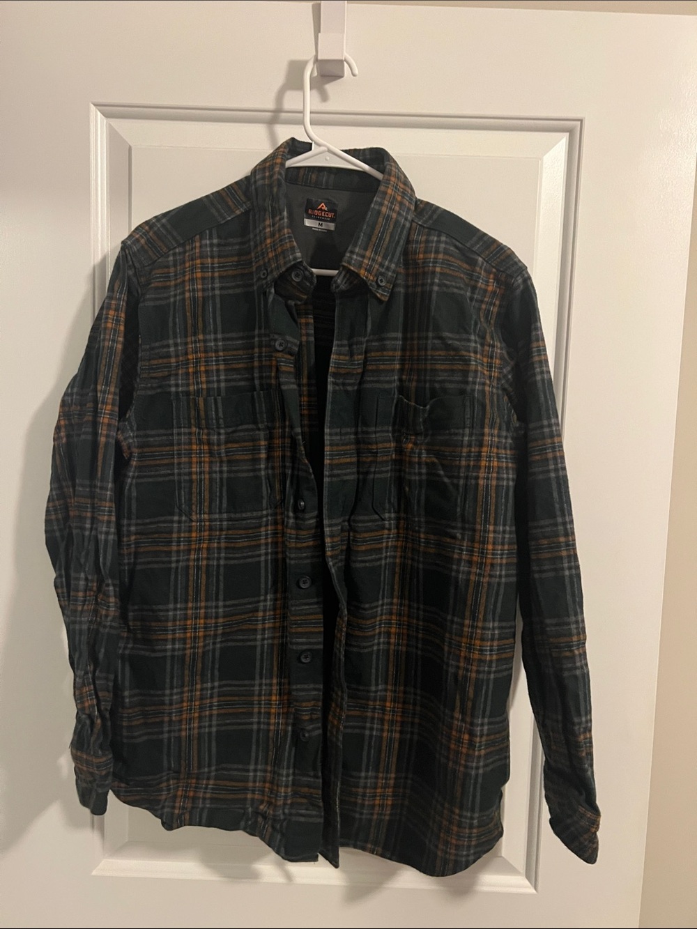 Outdoor Life Men's Dark Green Plaid Button-Down Shirt with Orange Accents
